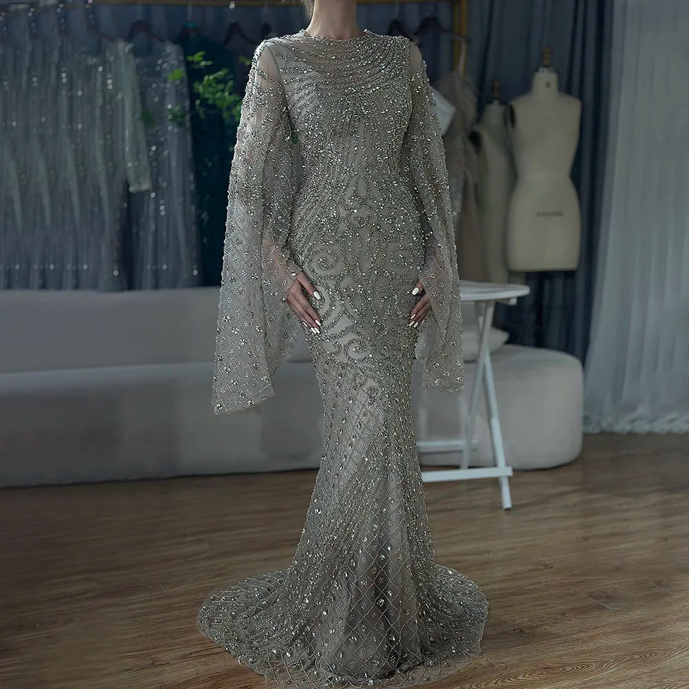 Luxury Flared Sleeves Caramel Beaded Mermaid Evening Dress LA72771