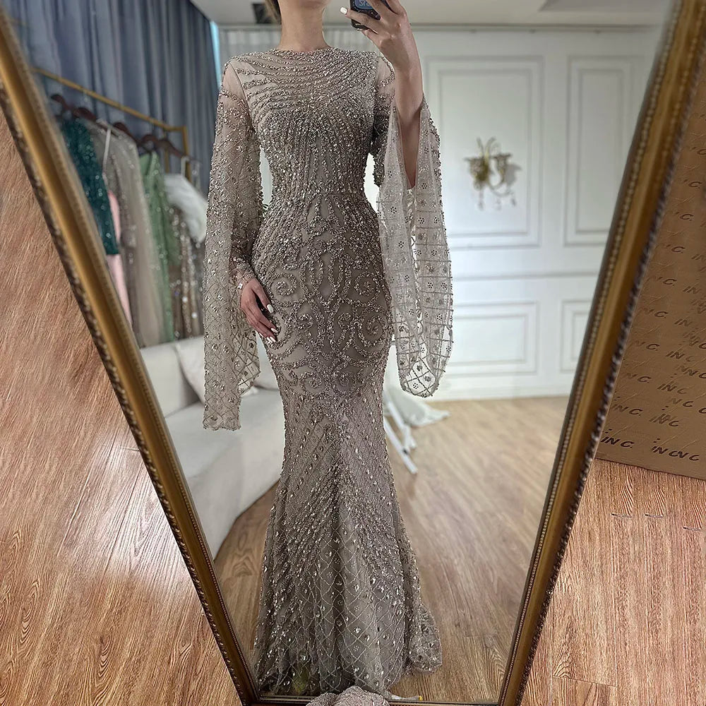 Luxury Flared Sleeves Caramel Beaded Mermaid Evening Dress LA72771