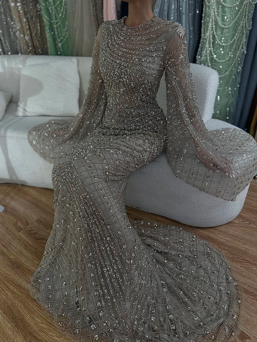 Luxury Flared Sleeves Caramel Beaded Mermaid Evening Dress LA72771
