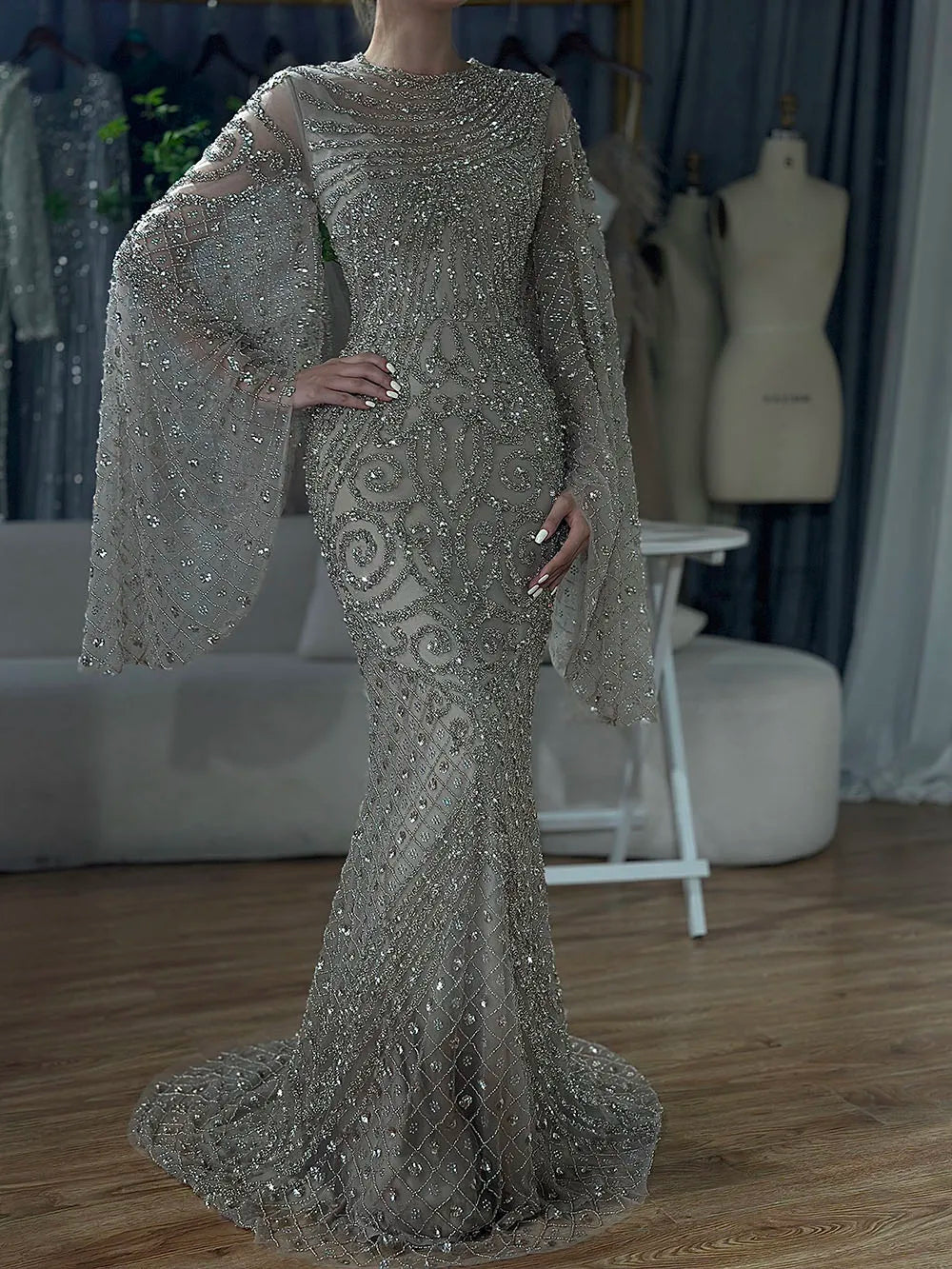 Luxury Flared Sleeves Caramel Beaded Mermaid Evening Dress LA72771