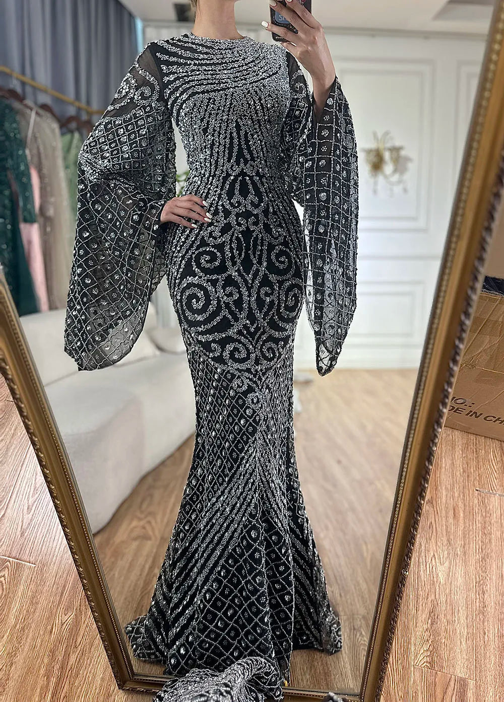 Luxury Flared Sleeves Caramel Beaded Mermaid Evening Dress LA72771