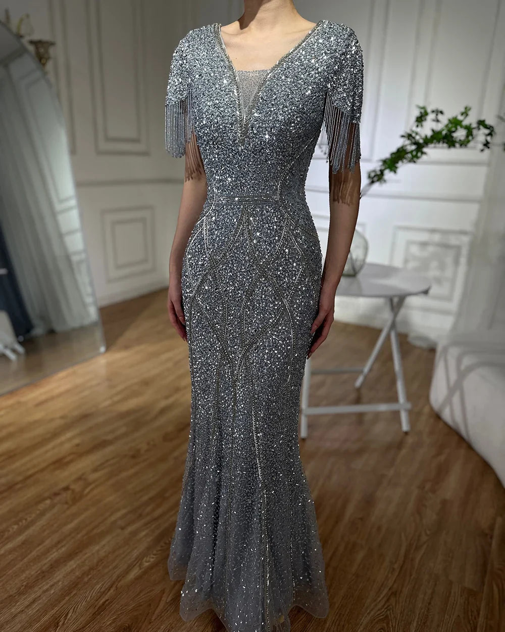 Luxury Dubai Gray Saudi Arabic Evening Gown with Beaded Tassel Dress for Formal Occasion LA72743