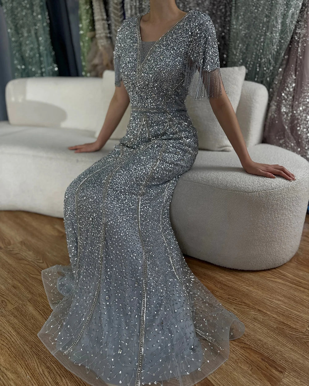 Luxury Dubai Gray Saudi Arabic Evening Gown with Beaded Tassel Dress for Formal Occasion LA72743