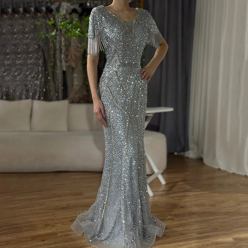 Luxury Dubai Gray Saudi Arabic Evening Gown with Beaded Tassel Dress for Formal Occasion LA72743