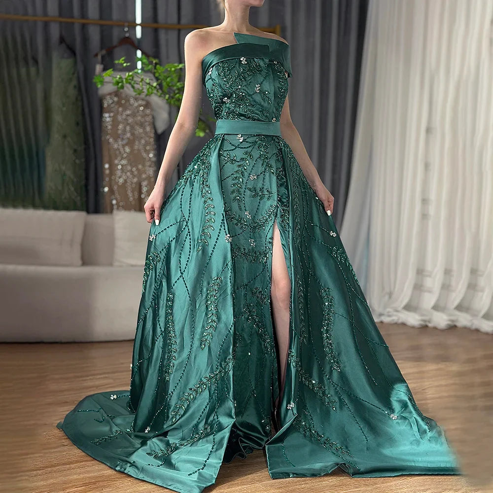 Luxury Dubai Green Arabic One-Shoulder Satin Evening Gown Beaded Dress with Overskirt and Split for Formal Occasion LA72178
