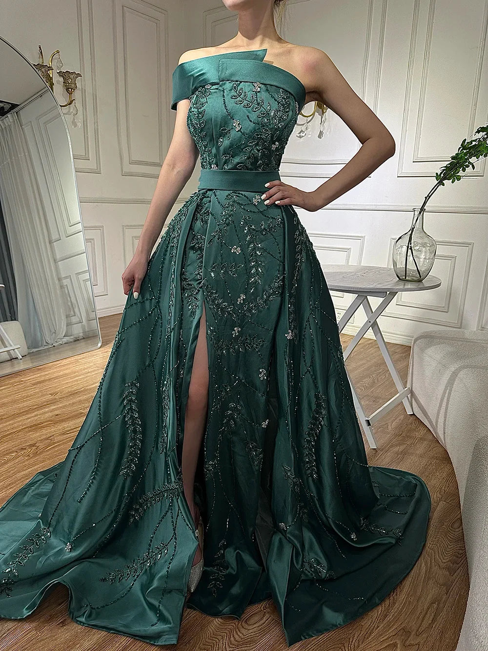 Luxury Dubai Green Arabic One-Shoulder Satin Evening Gown Beaded Dress with Overskirt and Split for Formal Occasion LA72178