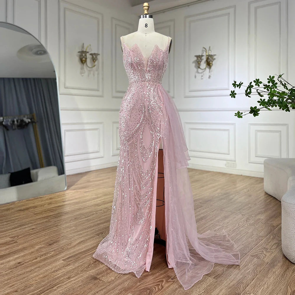 Serene Hill Light Pink Spaghetti Strap Evening Dresses Gowns Mermaid Beaded Elegant Overskirt For Women Party LA72378A