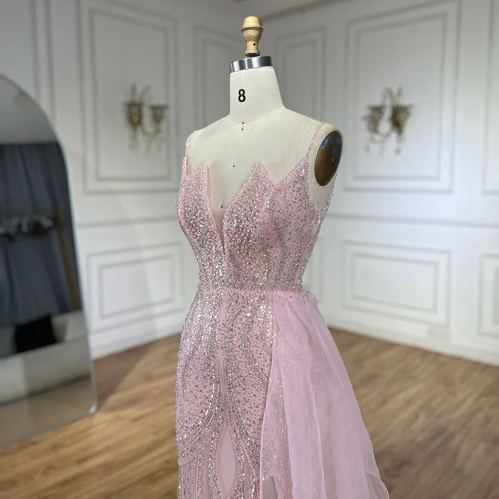 Serene Hill Light Pink Spaghetti Strap Evening Dresses Gowns Mermaid Beaded Elegant Overskirt For Women Party LA72378A
