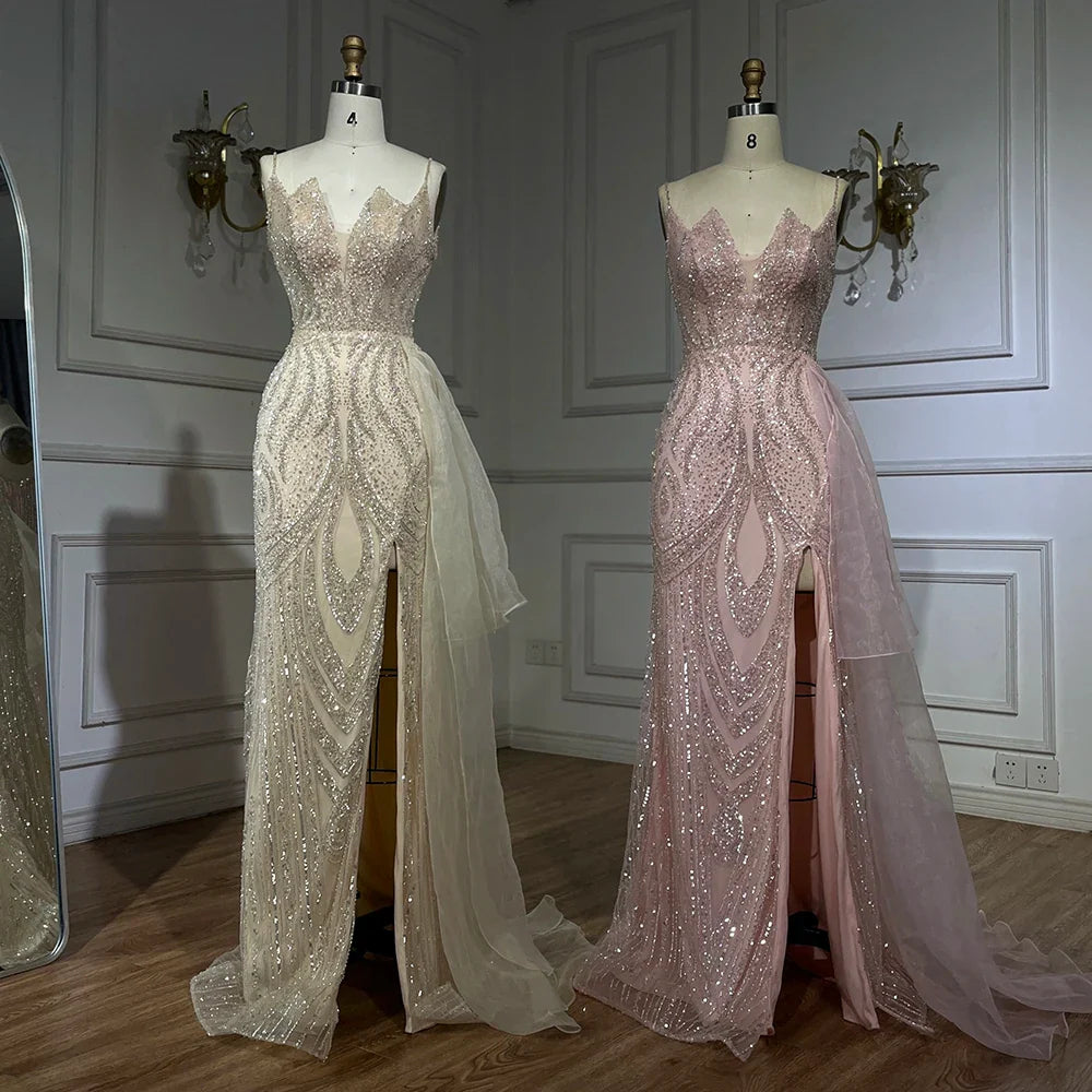 Serene Hill Light Pink Spaghetti Strap Evening Dresses Gowns Mermaid Beaded Elegant Overskirt For Women Party LA72378A