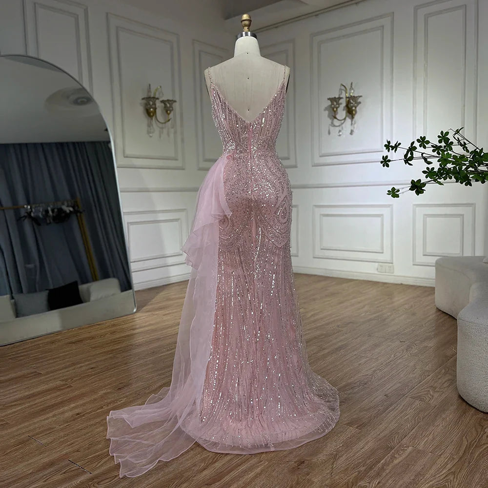 Serene Hill Light Pink Spaghetti Strap Evening Dresses Gowns Mermaid Beaded Elegant Overskirt For Women Party LA72378A
