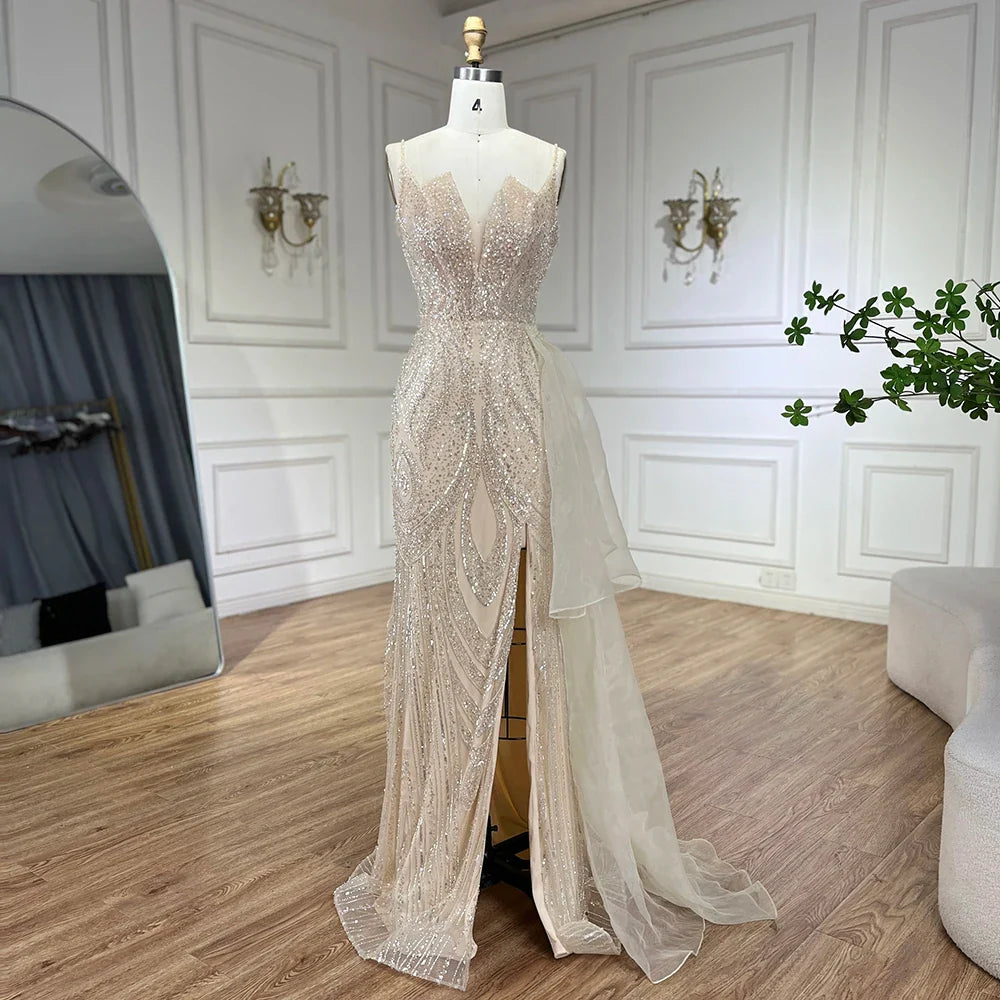 Serene Hill Light Pink Spaghetti Strap Evening Dresses Gowns Mermaid Beaded Elegant Overskirt For Women Party LA72378A