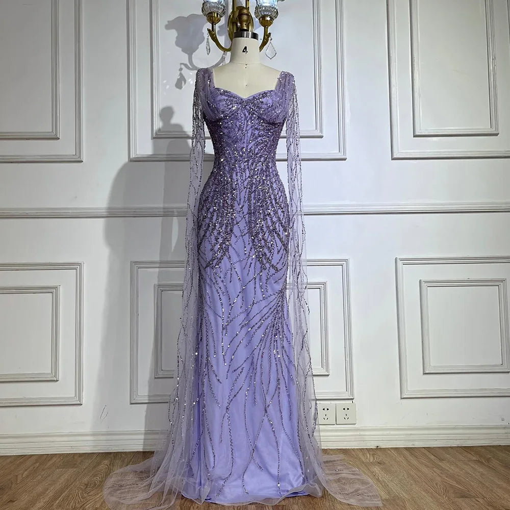 Serene Hill Lilac Cape Sleeves Mermaid Lace Beaded Luxury Dubai Long Evening Dresses Gowns for Women Wedding Party LA72697