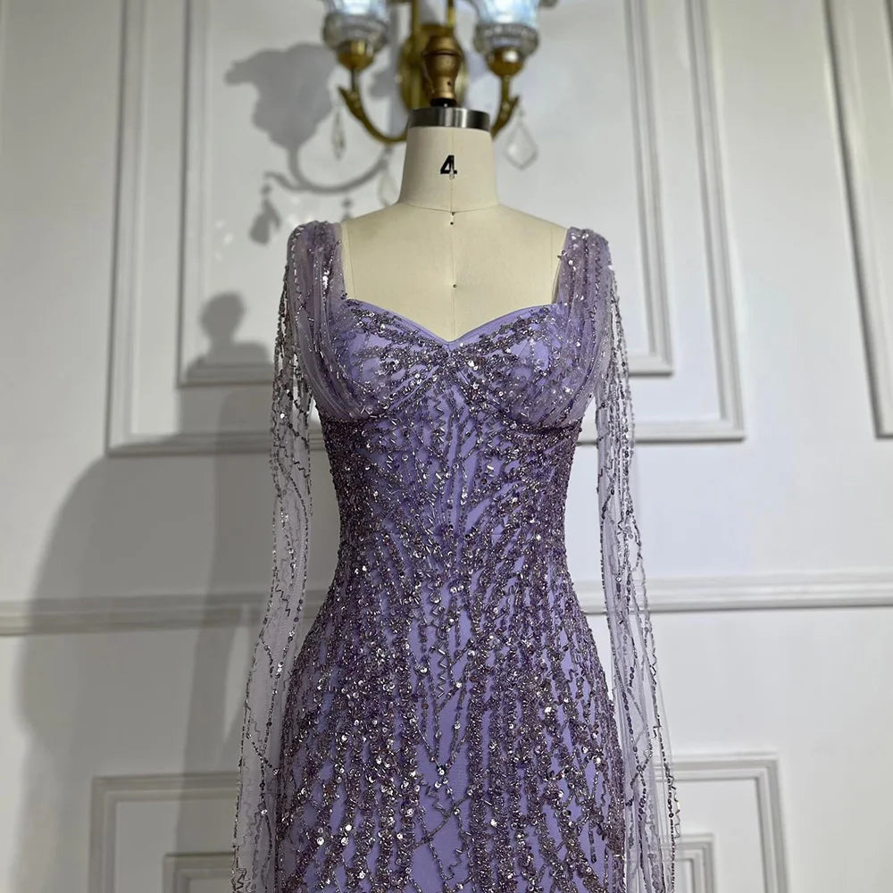Serene Hill Lilac Cape Sleeves Mermaid Lace Beaded Luxury Dubai Long Evening Dresses Gowns for Women Wedding Party LA72697