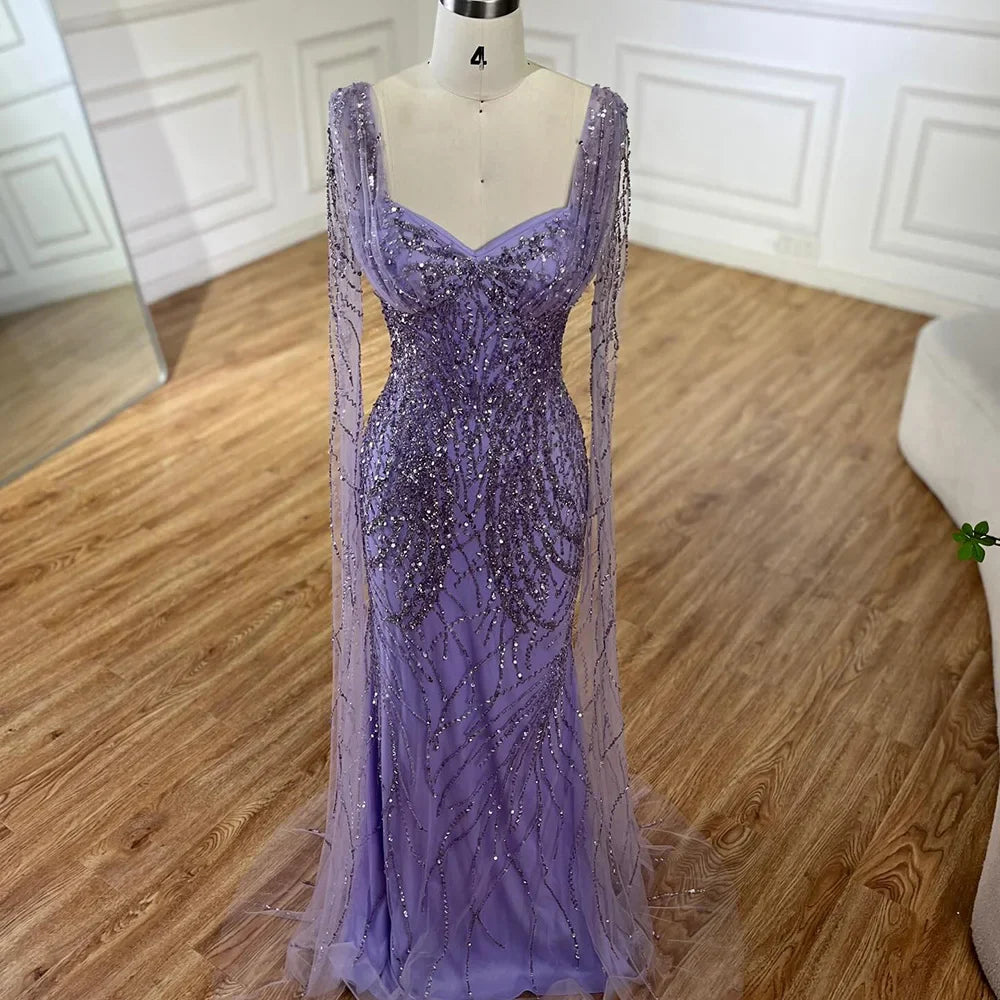 Serene Hill Lilac Cape Sleeves Mermaid Lace Beaded Luxury Dubai Long Evening Dresses Gowns for Women Wedding Party LA72697