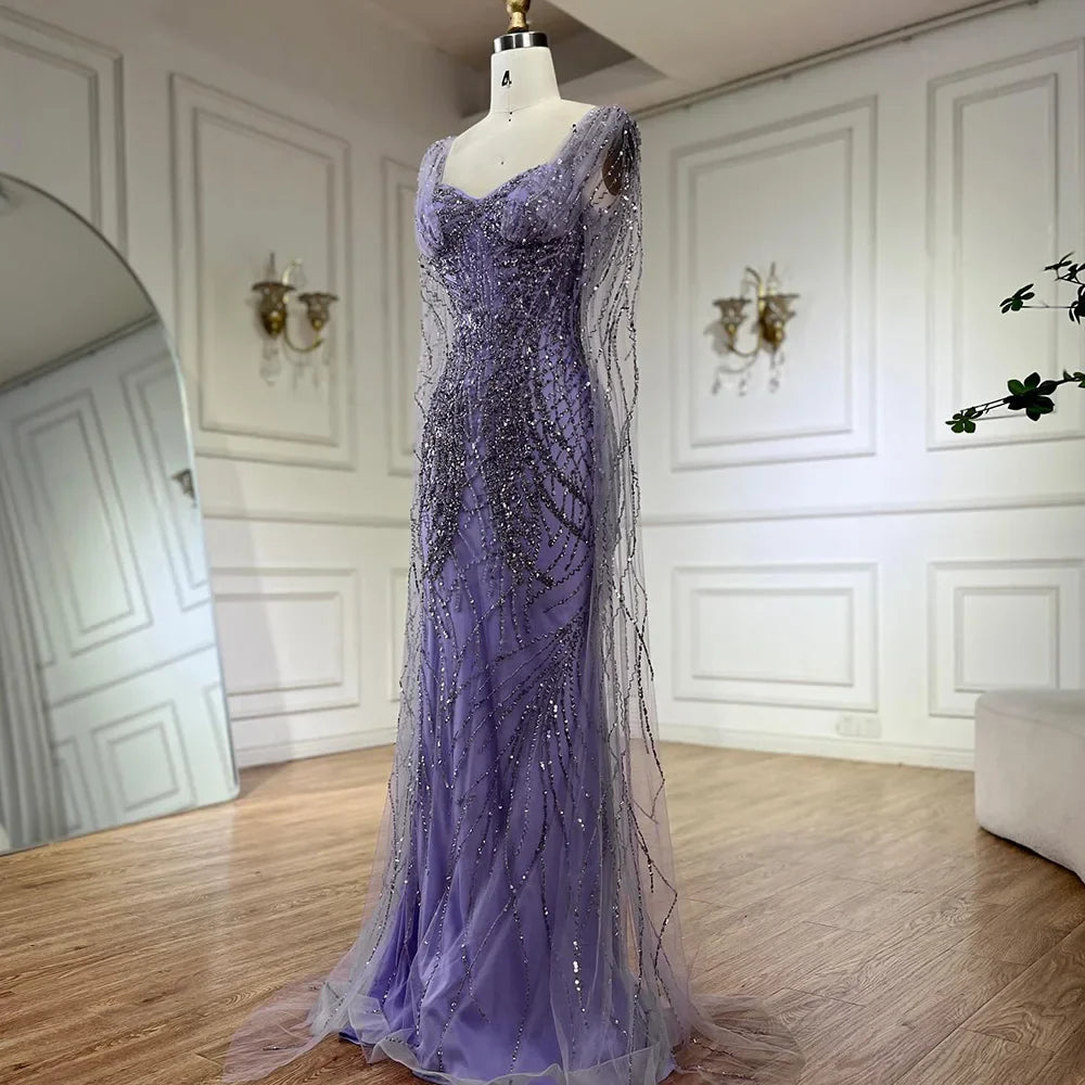 Serene Hill Lilac Cape Sleeves Mermaid Lace Beaded Luxury Dubai Long Evening Dresses Gowns for Women Wedding Party LA72697