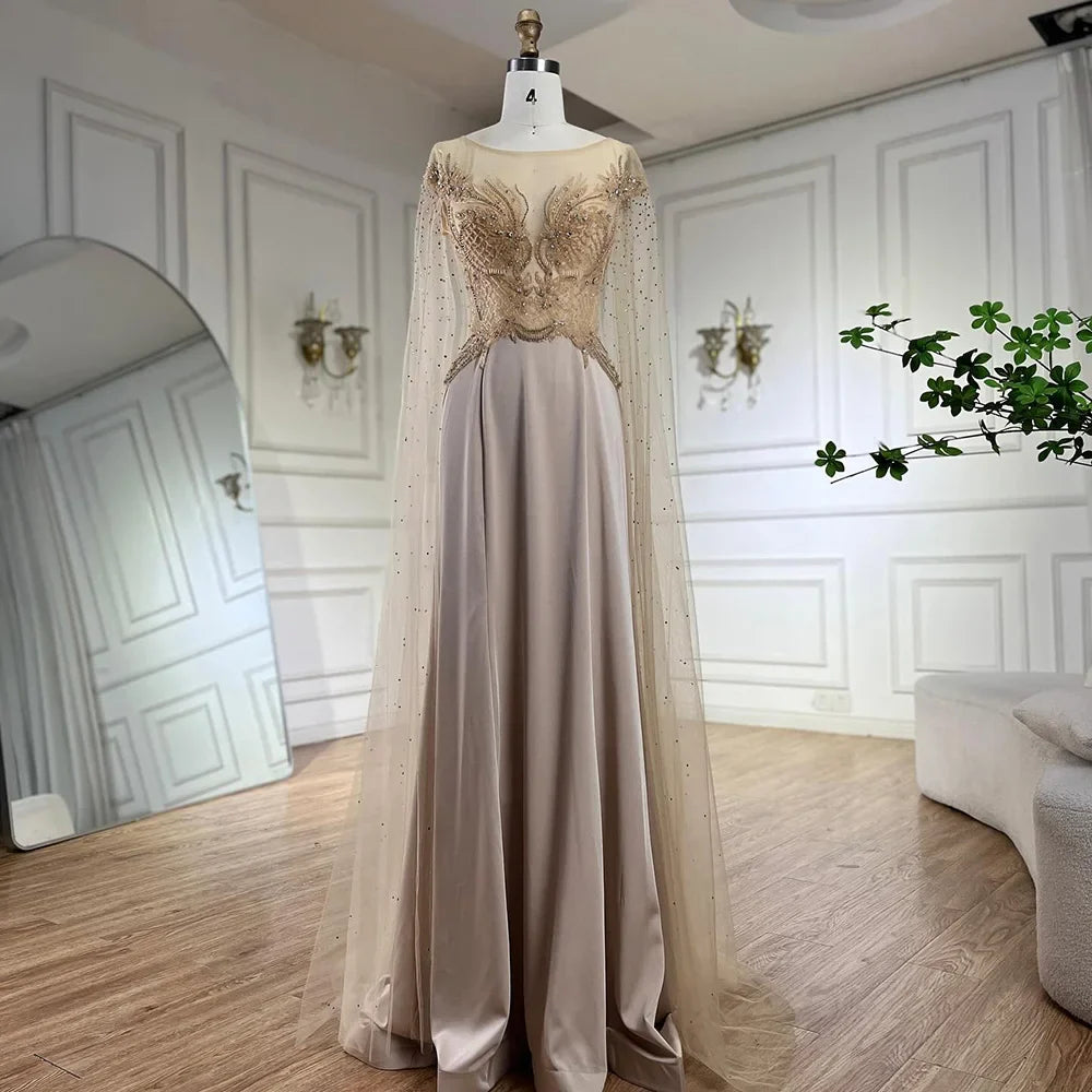 Serene Hill Nude Cape Sleeves Satin A Line Lace Beaded Luxury Dubai Evening Dresses Gowns for Women Wedding Party LA72702