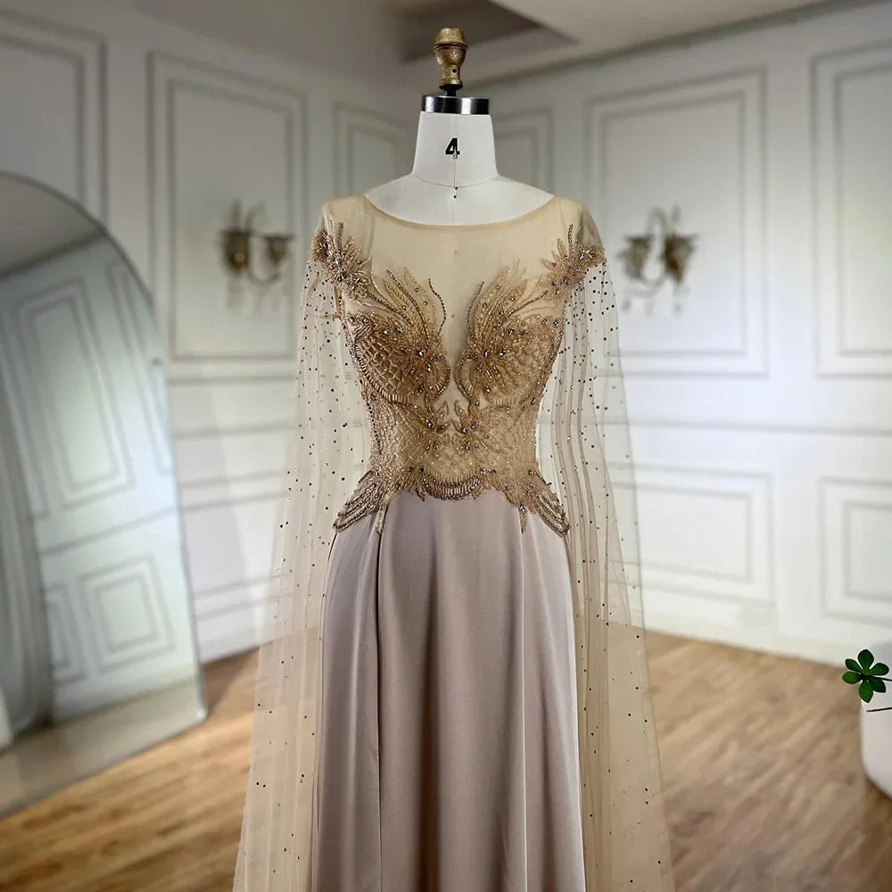 Serene Hill Nude Cape Sleeves Satin A Line Lace Beaded Luxury Dubai Evening Dresses Gowns for Women Wedding Party LA72702