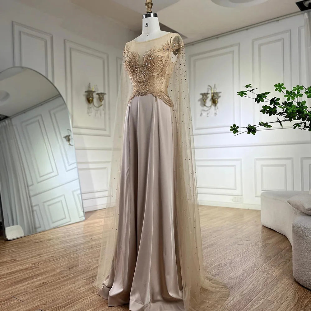 Serene Hill Nude Cape Sleeves Satin A Line Lace Beaded Luxury Dubai Evening Dresses Gowns for Women Wedding Party LA72702