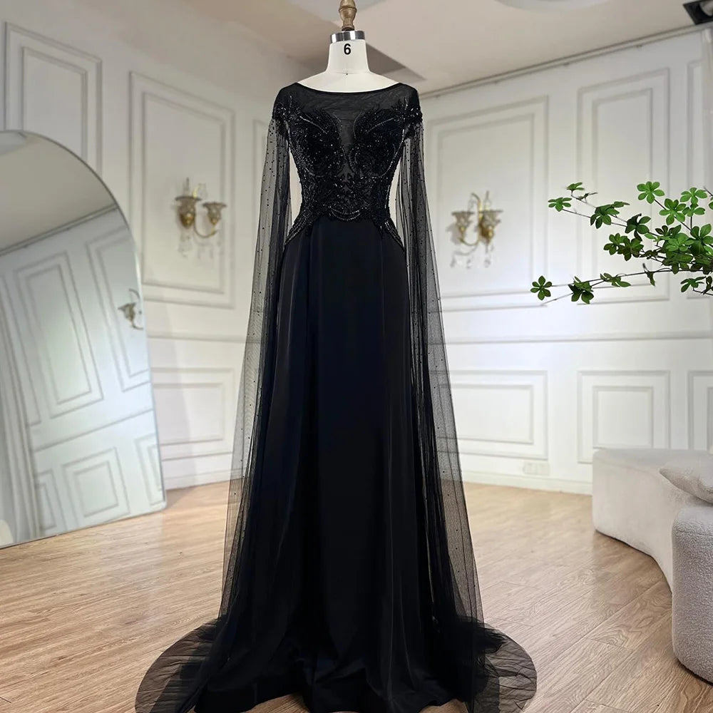 Serene Hill Nude Cape Sleeves Satin A Line Lace Beaded Luxury Dubai Evening Dresses Gowns for Women Wedding Party LA72702