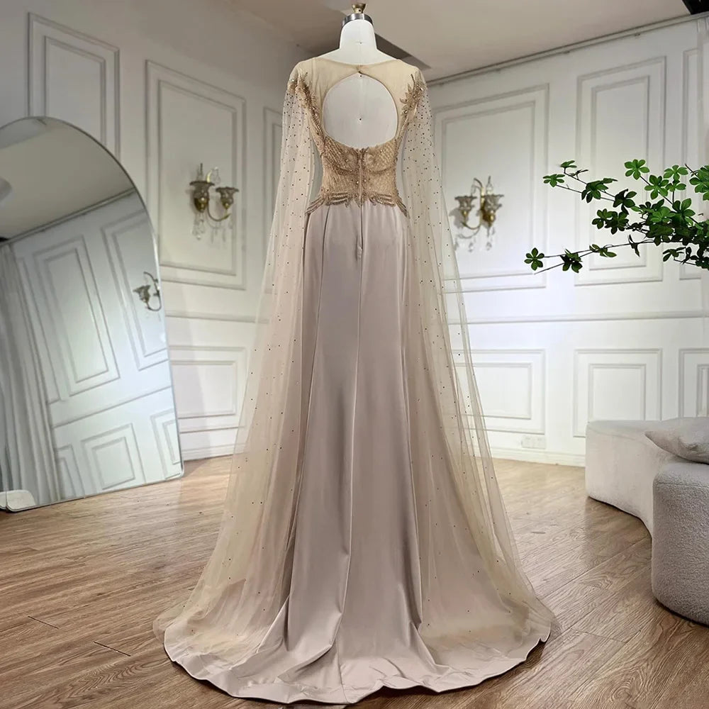Serene Hill Nude Cape Sleeves Satin A Line Lace Beaded Luxury Dubai Evening Dresses Gowns for Women Wedding Party LA72702