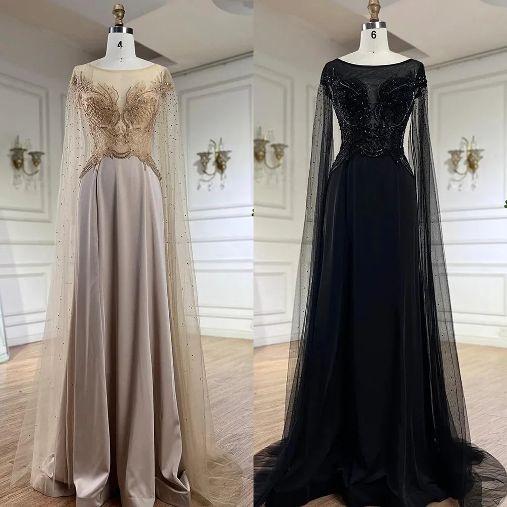 Serene Hill Nude Cape Sleeves Satin A Line Lace Beaded Luxury Dubai Evening Dresses Gowns for Women Wedding Party LA72702