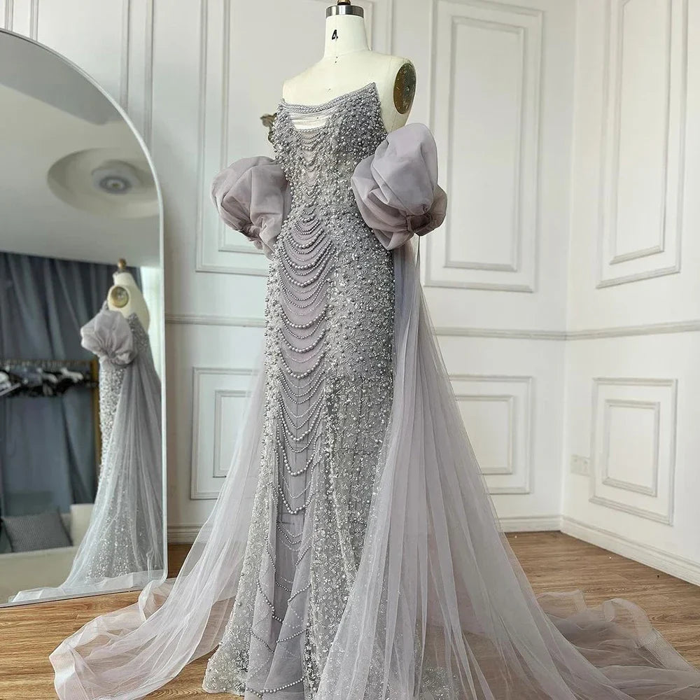 Pearls Purple Mermaid Evening Dress with Cape Sleeves LA72653