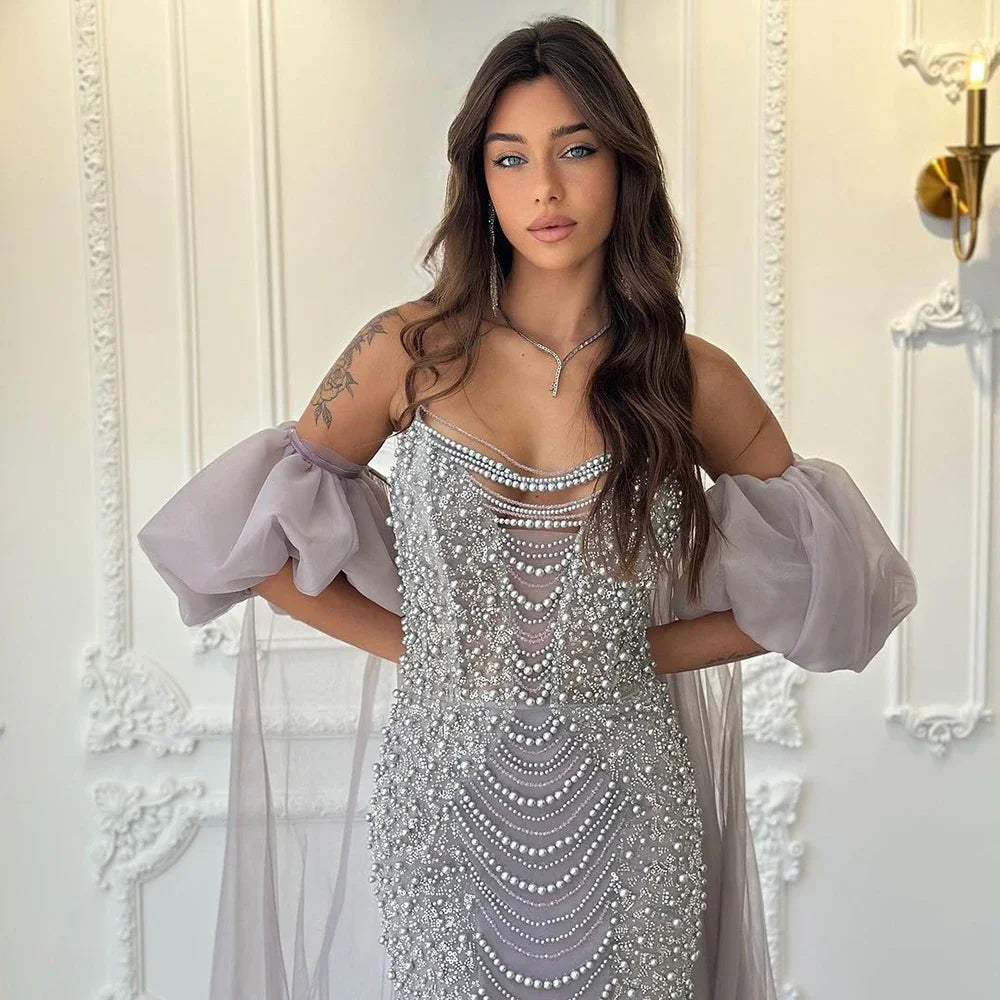 Pearls Purple Mermaid Evening Dress with Cape Sleeves LA72653