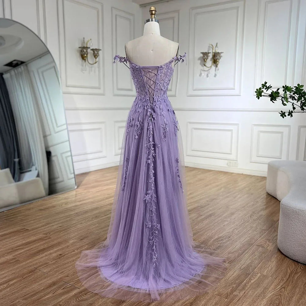 Serene Hill 2025 Lilac Spaghetti Strap Lace-Up Back A-Line Appliqué Prom Dress for Women | Wedding Party LA72620