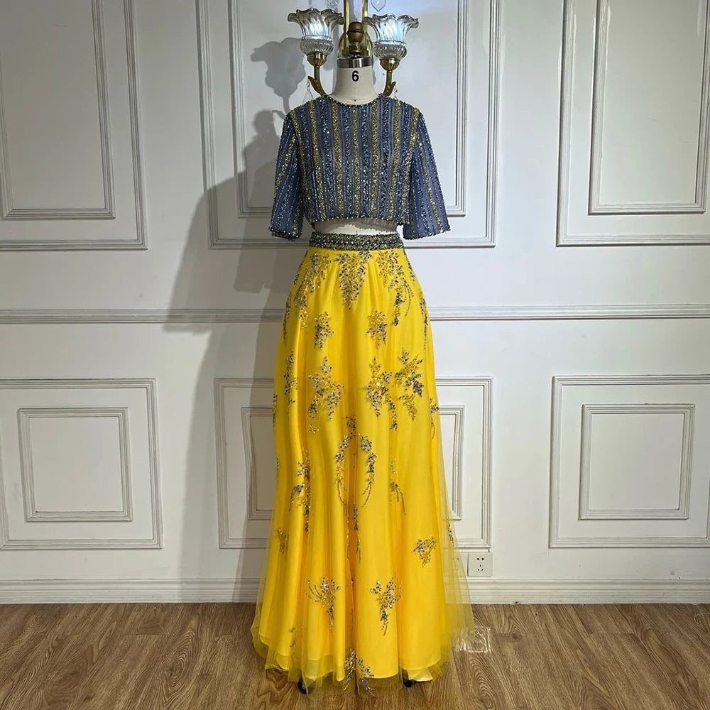 Luxury Dubai Blue Yellow 2 Pieces Evening Dresses LA72470