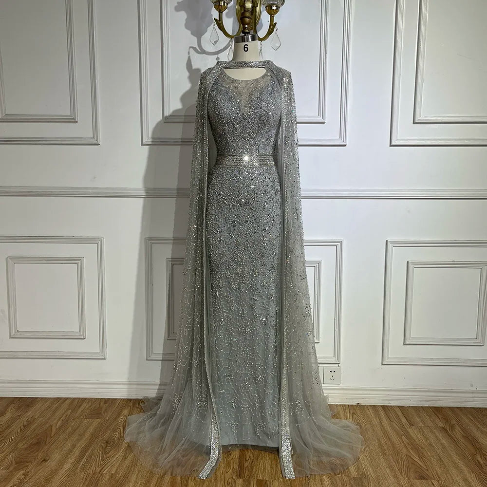 Luxury Gray Arabic Mermaid Evening Dress with Cape LA72180