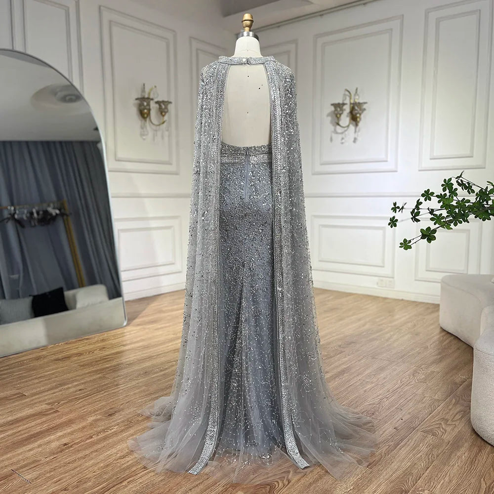 Luxury Gray Arabic Mermaid Evening Dress with Cape LA72180
