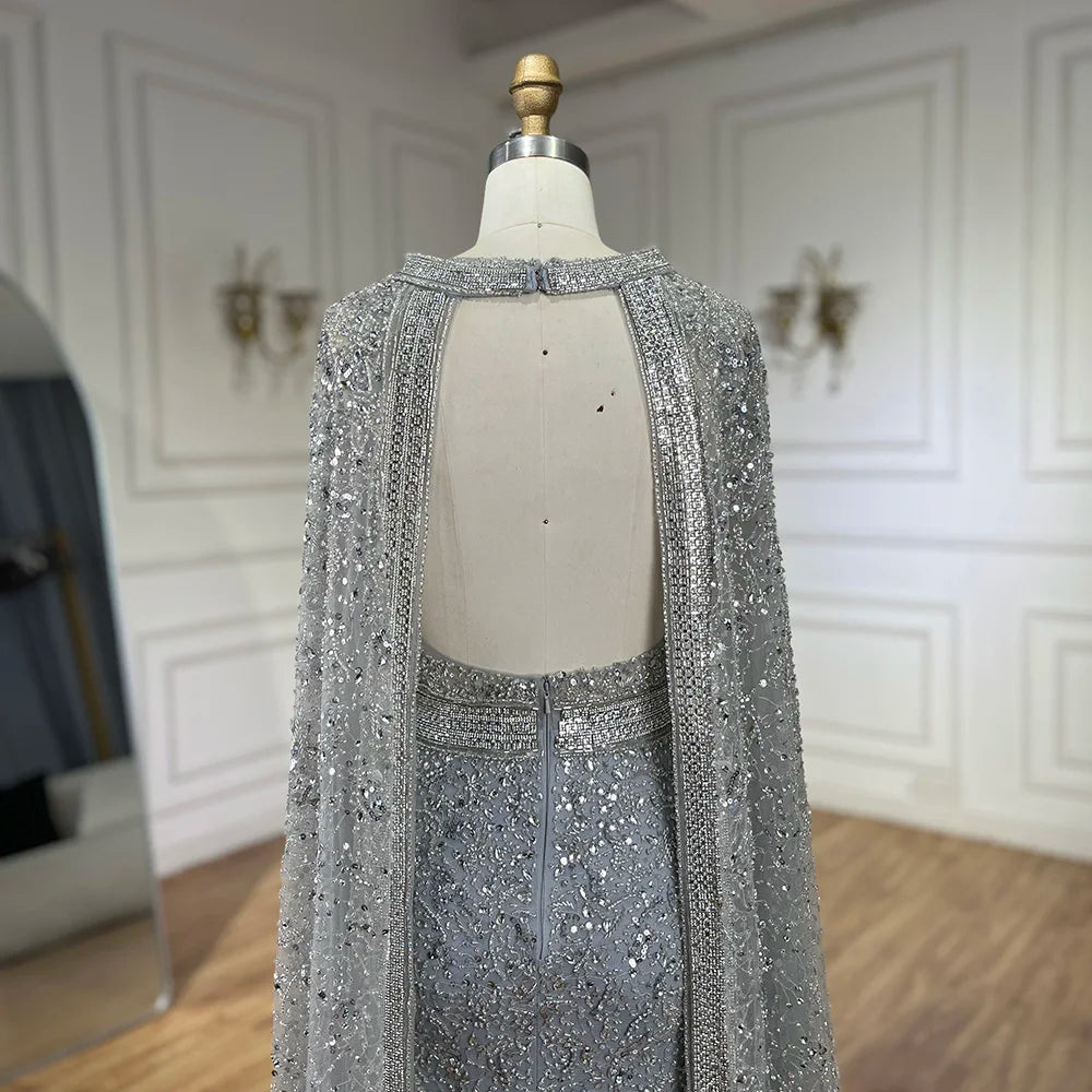 Luxury Gray Arabic Mermaid Evening Dress with Cape LA72180