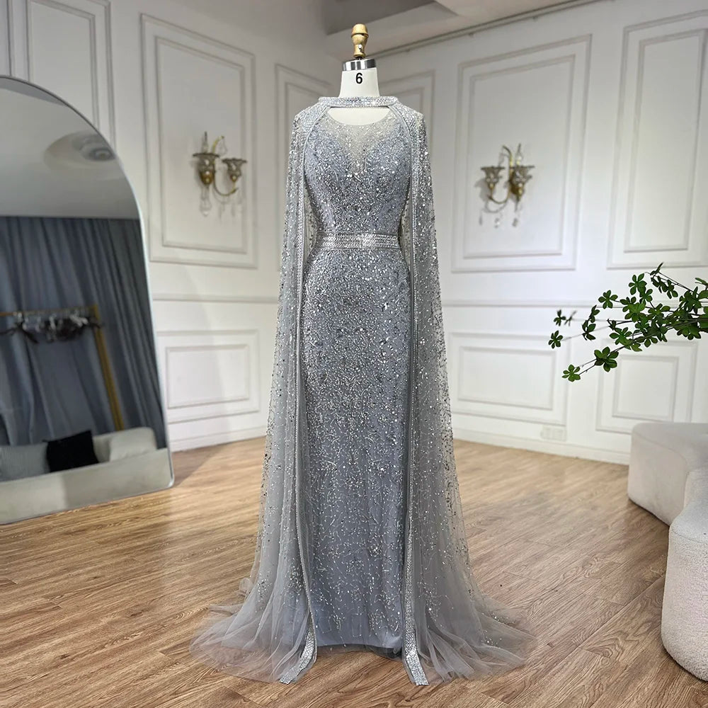 Luxury Gray Arabic Mermaid Evening Dress with Cape LA72180
