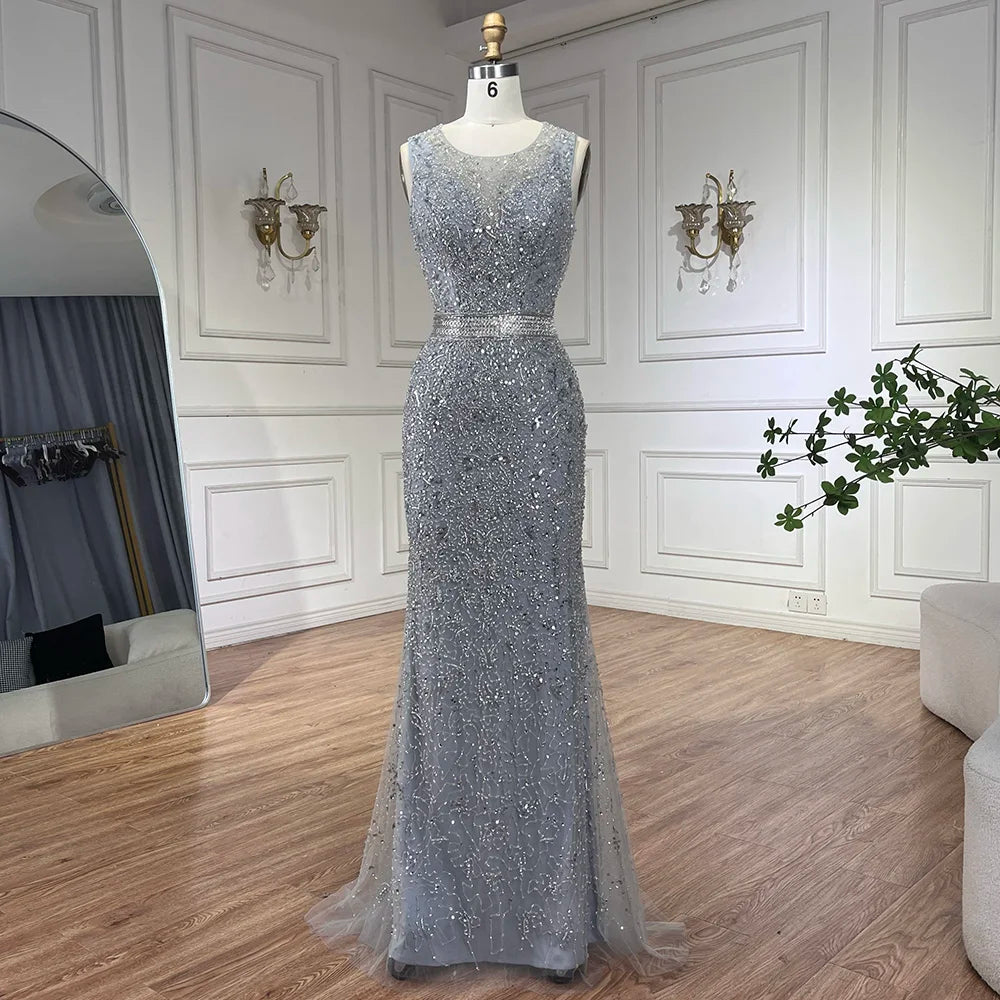 Luxury Gray Arabic Mermaid Evening Dress with Cape LA72180