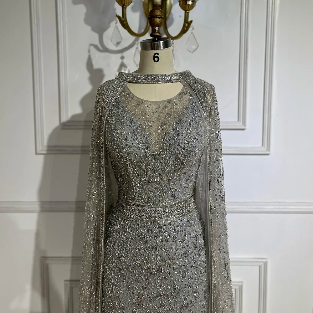 Luxury Gray Arabic Mermaid Evening Dress with Cape LA72180