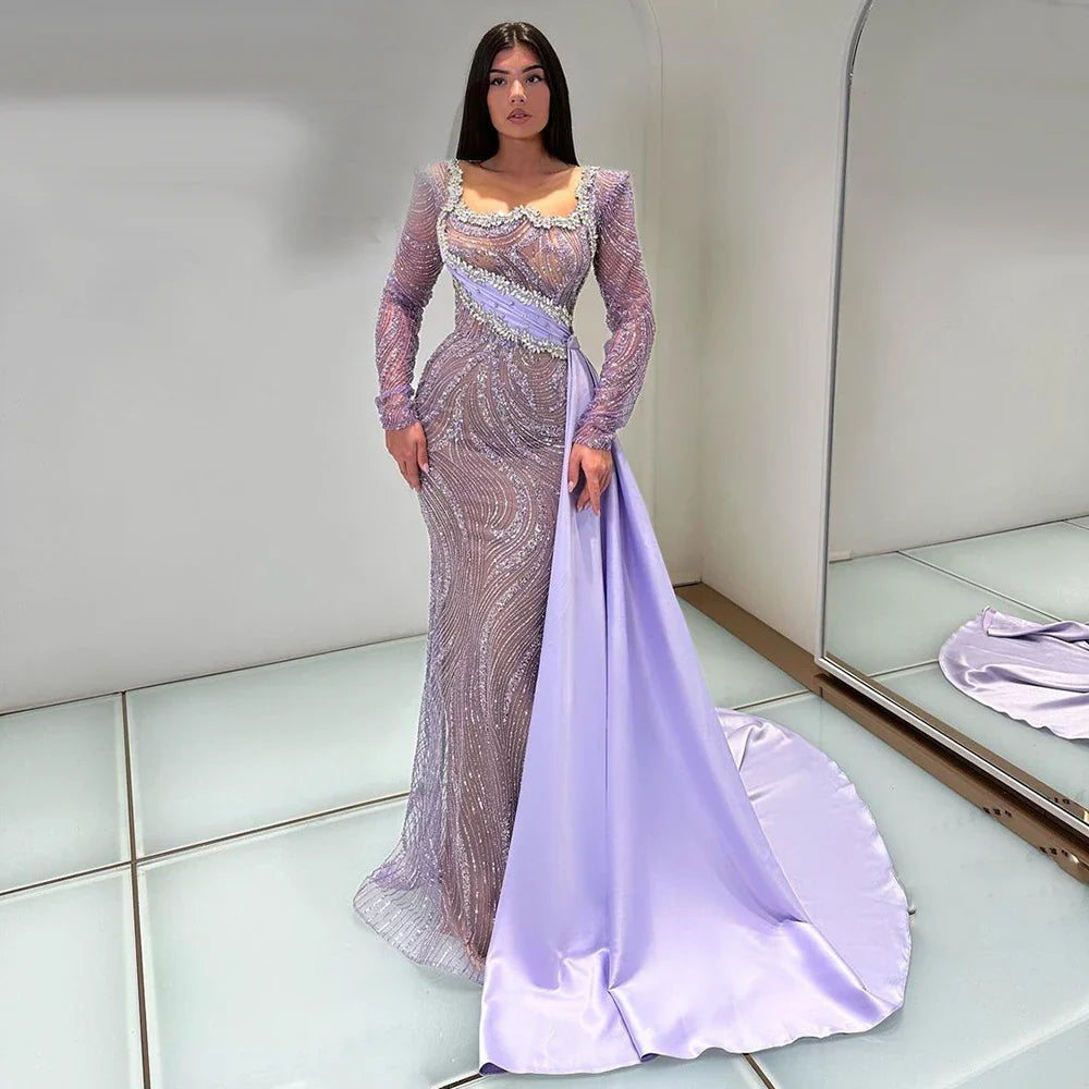 Serene Hill 2025 Luxury Dubai Lilac Mermaid Dress with Satin Overskirt Beaded Evening Gown for Women Wedding Party LA72534