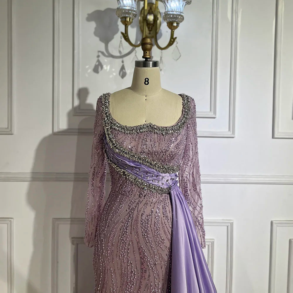Serene Hill 2025 Luxury Dubai Lilac Mermaid Dress with Satin Overskirt Beaded Evening Gown for Women Wedding Party LA72534