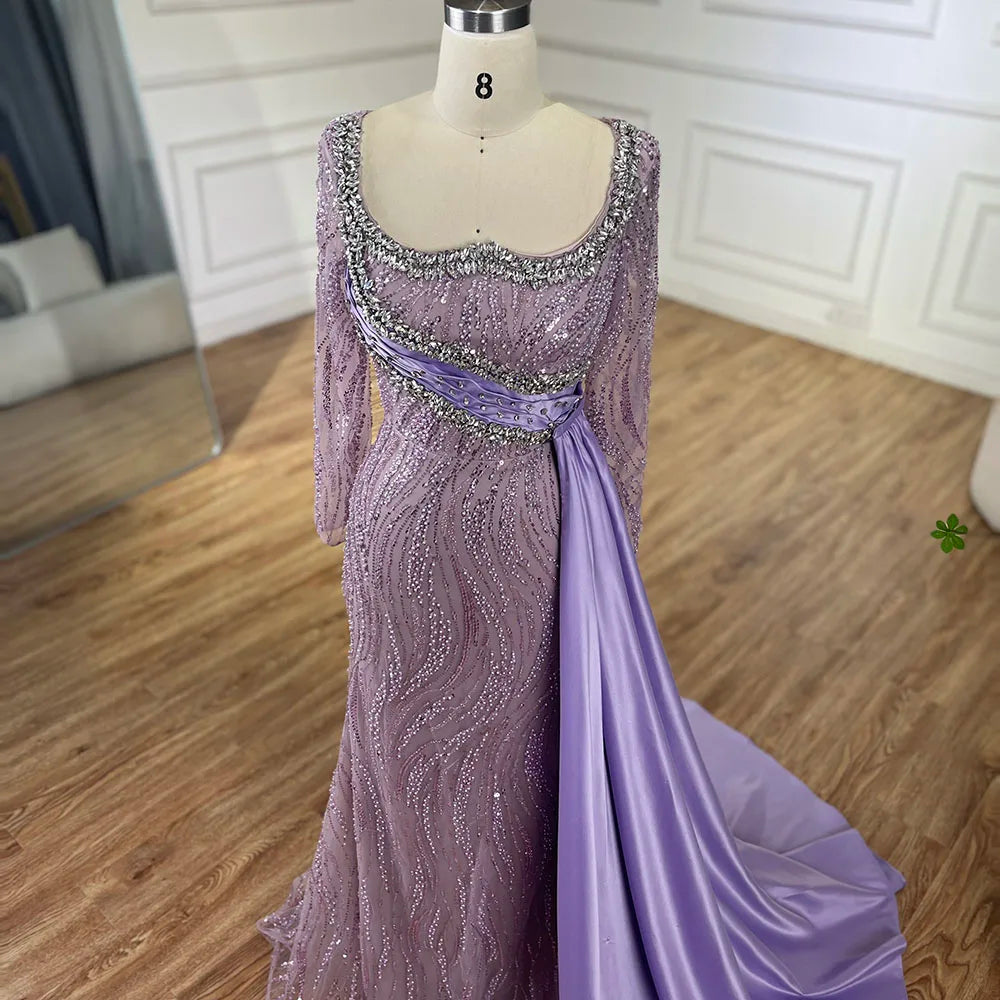 Serene Hill 2025 Luxury Dubai Lilac Mermaid Dress with Satin Overskirt Beaded Evening Gown for Women Wedding Party LA72534
