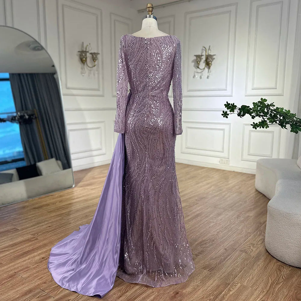 Serene Hill 2025 Luxury Dubai Lilac Mermaid Dress with Satin Overskirt Beaded Evening Gown for Women Wedding Party LA72534