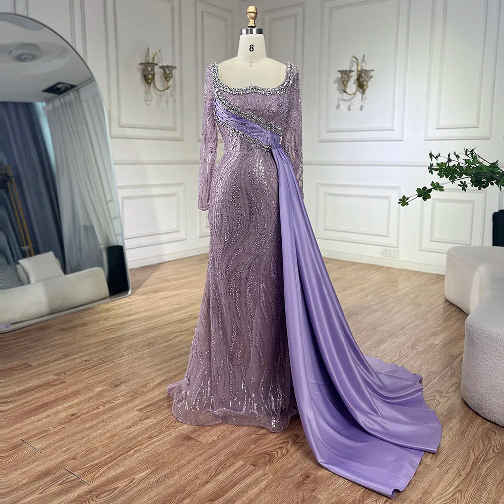 Serene Hill 2025 Luxury Dubai Lilac Mermaid Dress with Satin Overskirt Beaded Evening Gown for Women Wedding Party LA72534