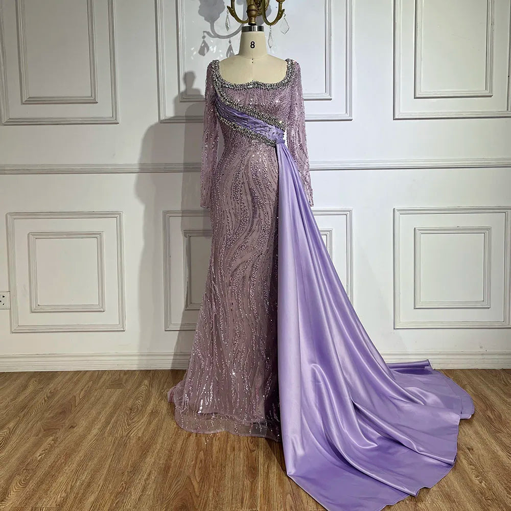 Serene Hill 2025 Luxury Dubai Lilac Mermaid Dress with Satin Overskirt Beaded Evening Gown for Women Wedding Party LA72534