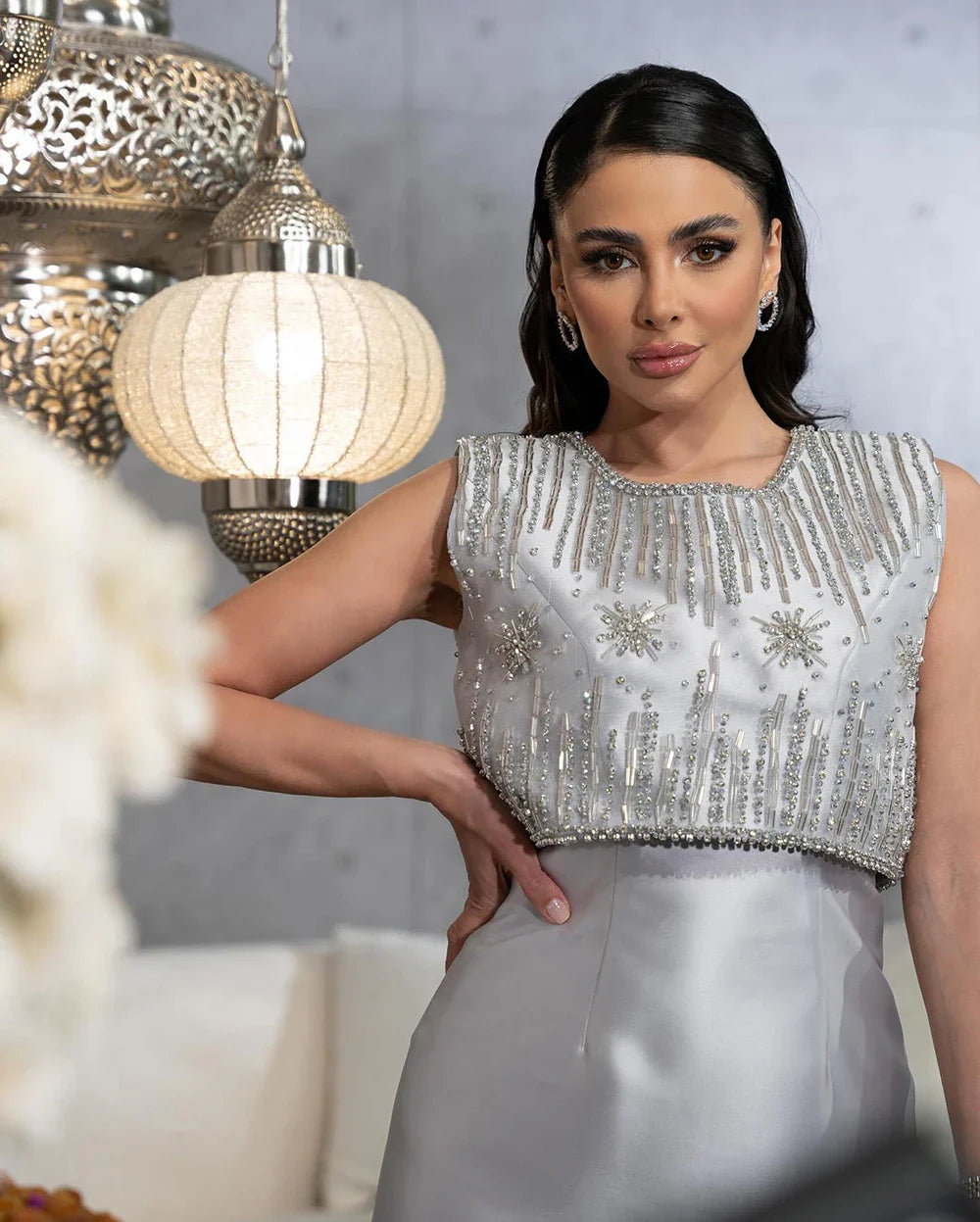 Luxury Dubai Luxury Saudi Beaded Gray Midi Formal Evening Dress for Arabic Occasion LA72761