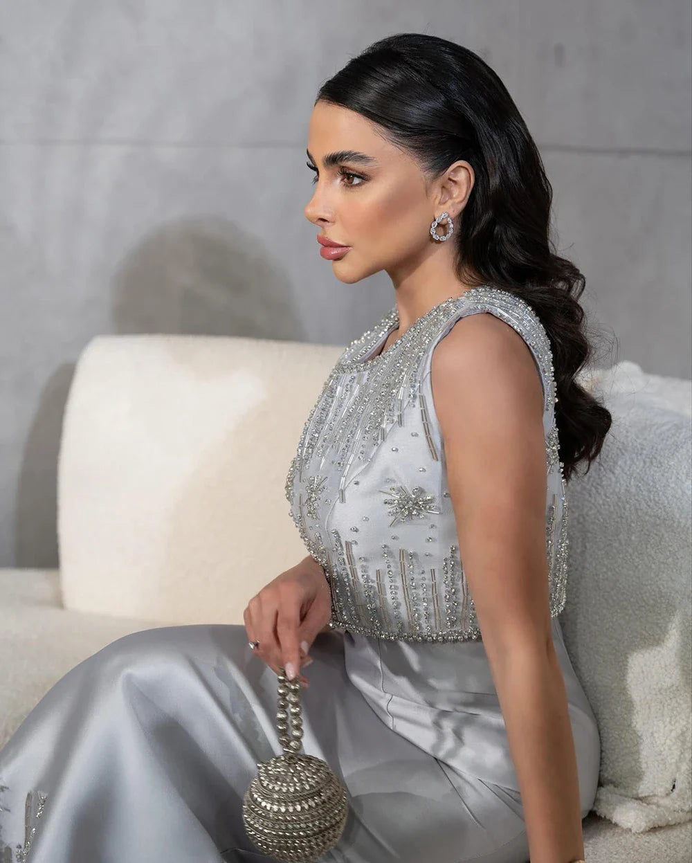 Luxury Dubai Luxury Saudi Beaded Gray Midi Formal Evening Dress for Arabic Occasion LA72761