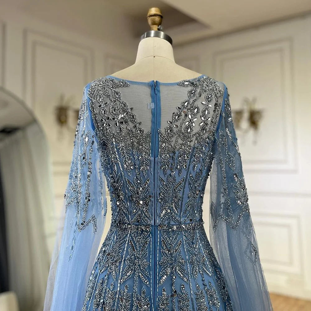 Serene Hill Muslim A-Line Blue Beaded Luxury Evening Gowns with Cape Sleeves for Women's Party Dubai LA72666