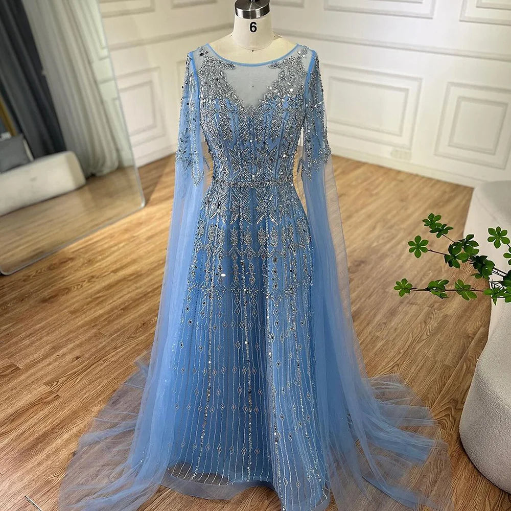 Serene Hill Muslim A-Line Blue Beaded Luxury Evening Gowns with Cape Sleeves for Women's Party Dubai LA72666
