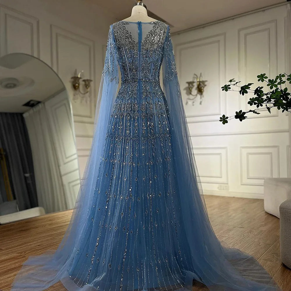 Serene Hill Muslim A-Line Blue Beaded Luxury Evening Gowns with Cape Sleeves for Women's Party Dubai LA72666