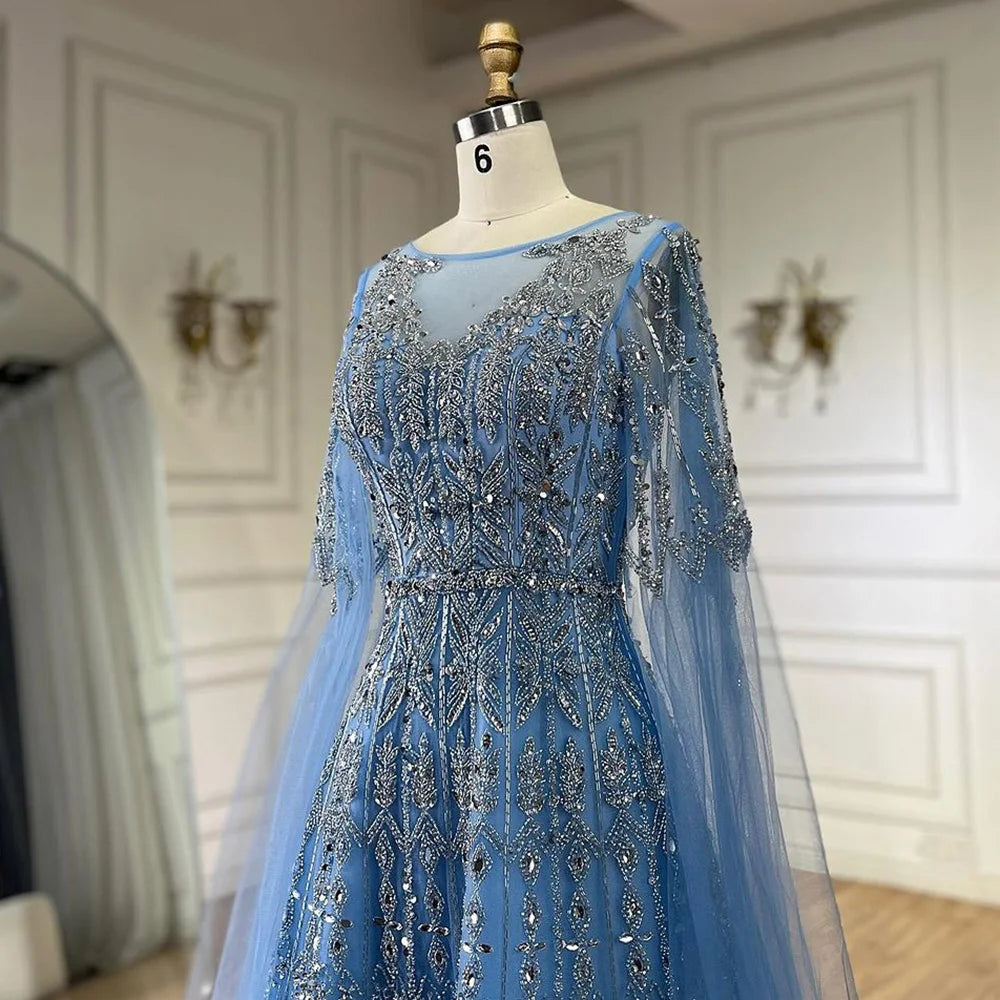 Serene Hill Muslim A-Line Blue Beaded Luxury Evening Gowns with Cape Sleeves for Women's Party Dubai LA72666