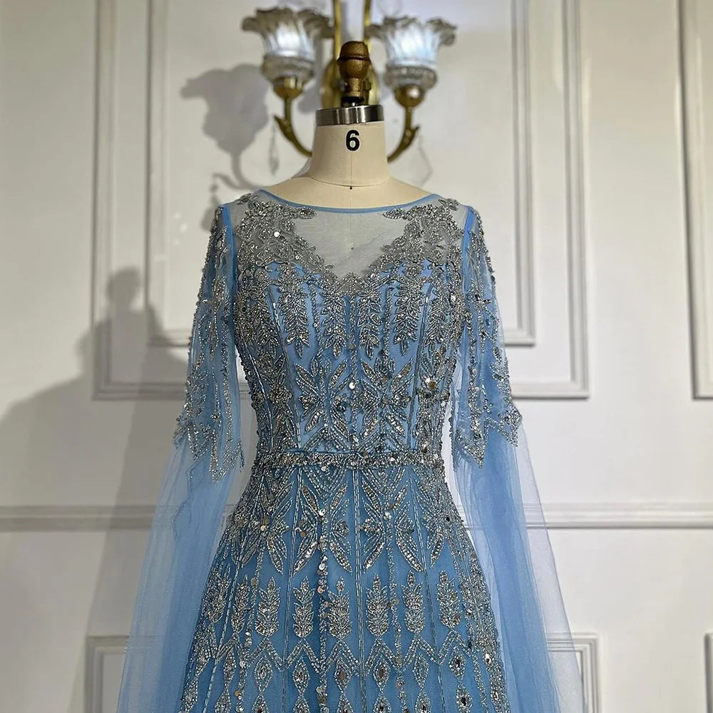 Serene Hill Muslim A-Line Blue Beaded Luxury Evening Gowns with Cape Sleeves for Women's Party Dubai LA72666