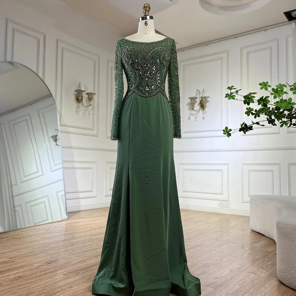 Serene Hill Muslim Elegant Green Satin Mermaid Beaded Luxury Dubai Evening Gown for Women's Party LA72700