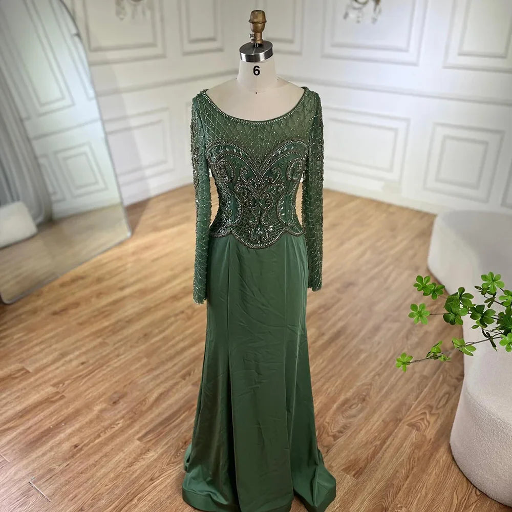 Serene Hill Muslim Elegant Green Satin Mermaid Beaded Luxury Dubai Evening Gown for Women's Party LA72700